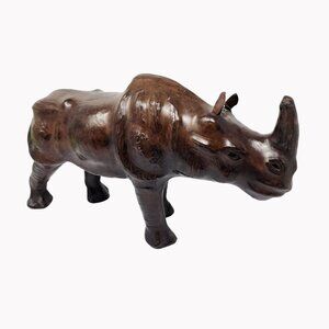 Vintage Brown Leather Wrapped Rhinoceros Statue 13" L Art Decor